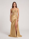 Gold Lace Sheath Sweetheart Corset Back Floor-Length Dress with Side Slit - Curvevia