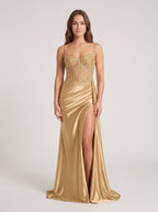 Gold Lace Sheath Sweetheart Corset Back Floor-Length Dress with Side Slit - Curvevia