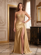 Gold Lace Sheath Sweetheart Corset Back Floor-Length Dress with Side Slit - Curvevia
