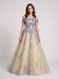 Blue Tulle A-Line Off-the-Shoulder Illusion Floor-Length with Scalloped Eyelash Trim - Curvevia