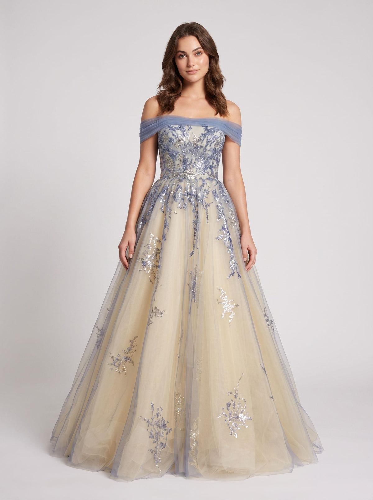Blue Tulle A-Line Off-the-Shoulder Illusion Floor-Length with Scalloped Eyelash Trim - Curvevia