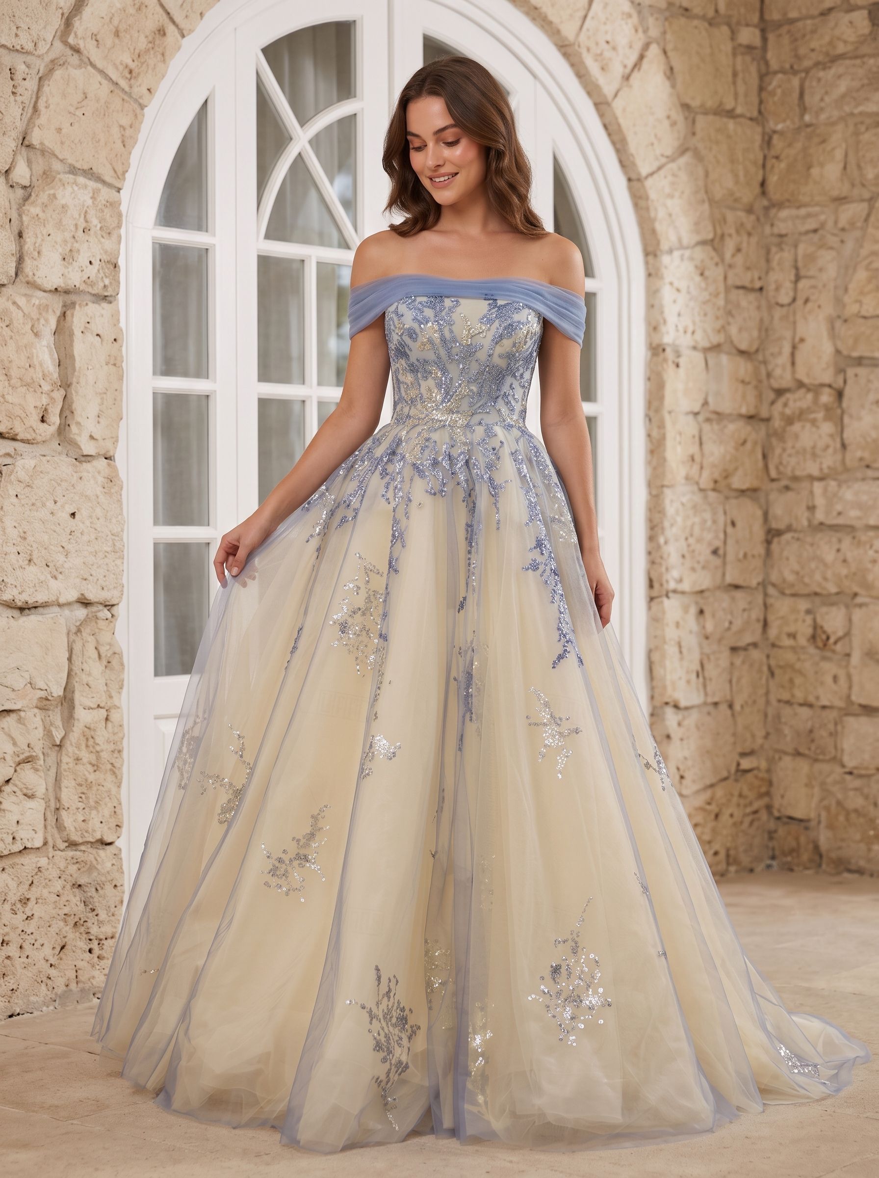 Blue Tulle A-Line Off-the-Shoulder Illusion Floor-Length with Scalloped Eyelash Trim - Curvevia