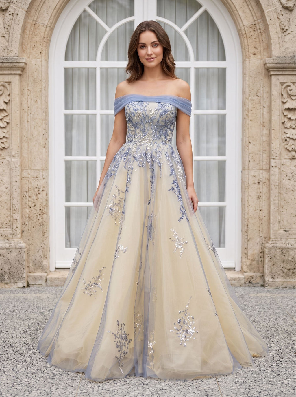 Blue Tulle A-Line Off-the-Shoulder Illusion Floor-Length with Scalloped Eyelash Trim - Curvevia