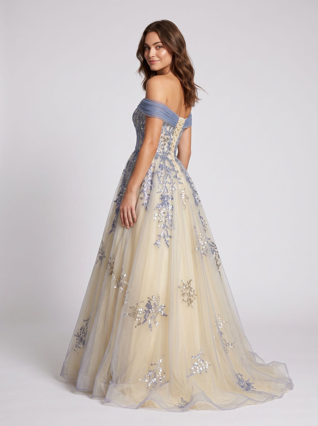 Blue Tulle A-Line Off-the-Shoulder Illusion Floor-Length with Scalloped Eyelash Trim - Curvevia