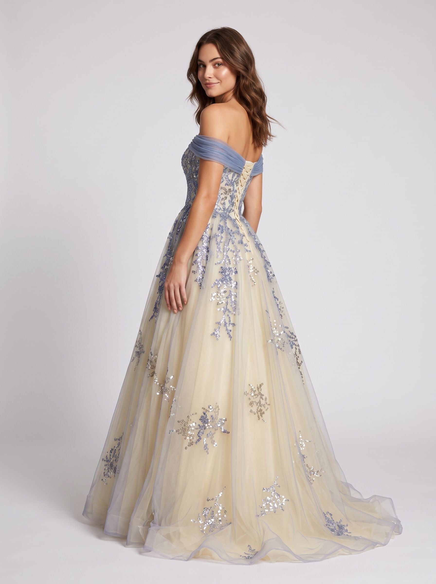 Blue Tulle A-Line Off-the-Shoulder Illusion Floor-Length with Scalloped Eyelash Trim - Curvevia
