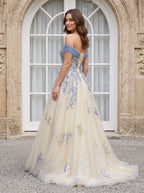 Blue Tulle A-Line Off-the-Shoulder Illusion Floor-Length with Scalloped Eyelash Trim - Curvevia