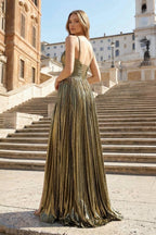 Metallic Keyhole Spaghetti Strap Long Evening Dress with Slit - Curvevia