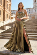 Metallic Keyhole Spaghetti Strap Long Evening Dress with Slit - Curvevia