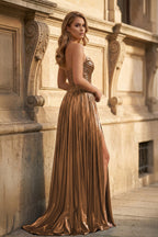 Green Metallic Sweetheart Pleated A-Line Long Evening Dress - Curvevia