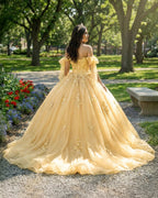 Gold Off Shoulder Tulle Quinceanera Dresses With Lace Appliques - Curvevia