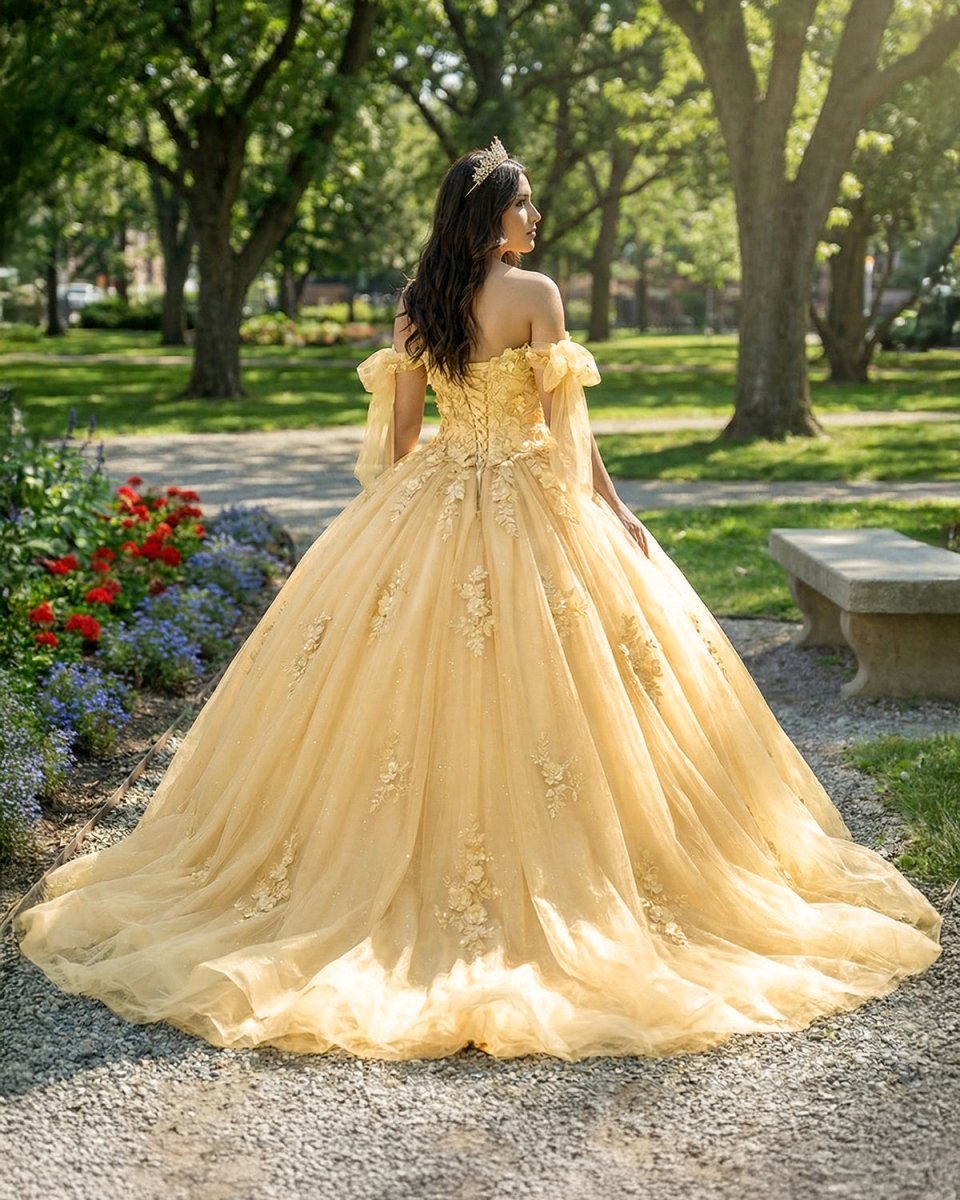 Gold Off Shoulder Tulle Quinceanera Dresses With Lace Appliques - Curvevia