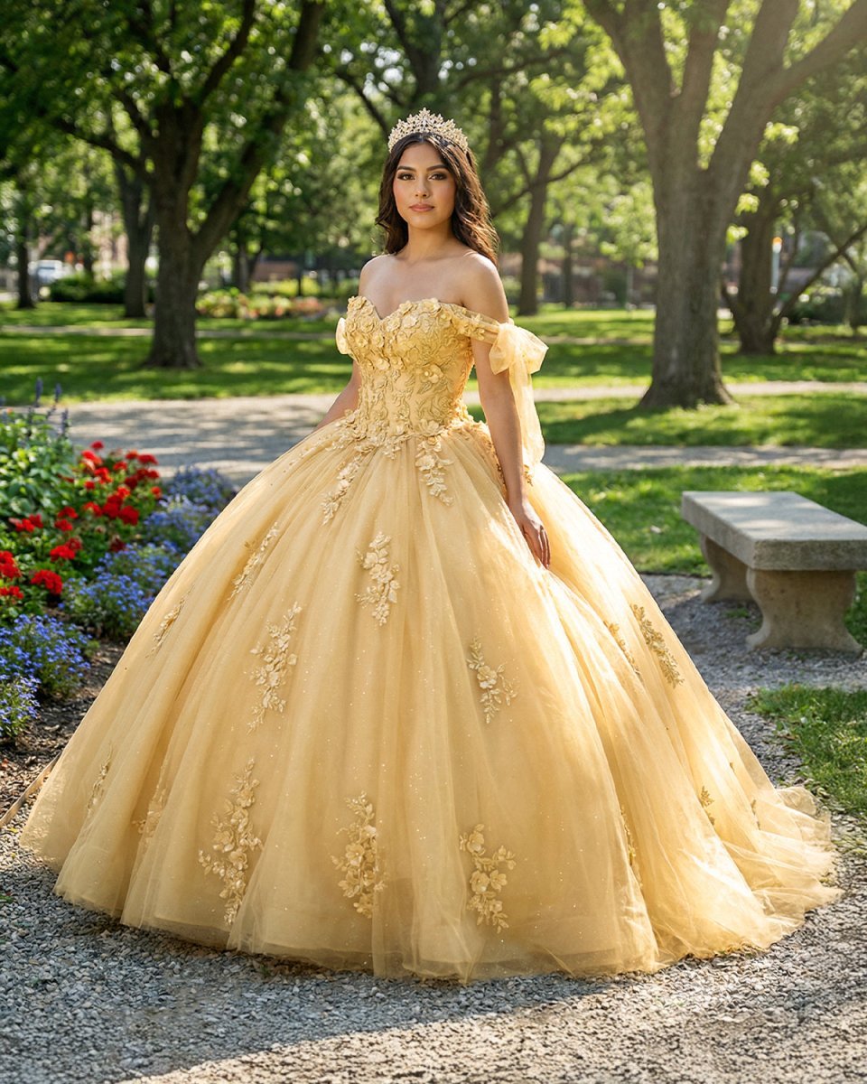 Gold Off Shoulder Tulle Quinceanera Dresses With Lace Appliques - Curvevia