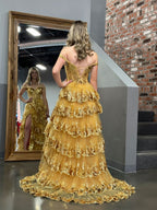 A-Line Lace Off-the-Shoulder Tiered Long Prom Dress with Slit - Curvevia