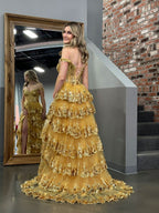 A-Line Lace Off-the-Shoulder Tiered Long Prom Dress with Slit - Curvevia