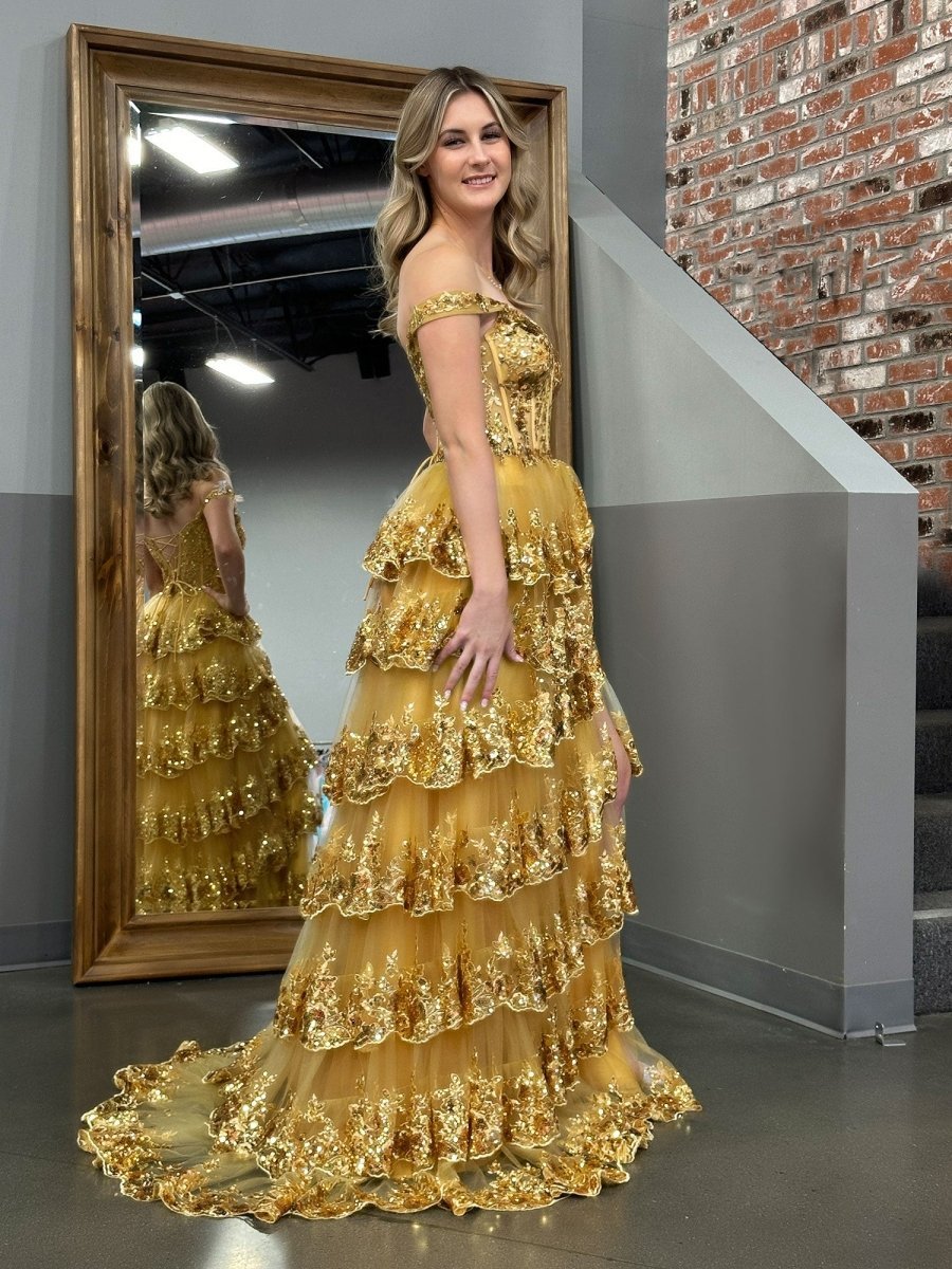 A-Line Lace Off-the-Shoulder Tiered Long Prom Dress with Slit - Curvevia