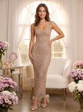Gold Rhinestone Mesh Sheath Square Neck Backless Floor-Length Dress - Curvevia