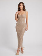 Gold Rhinestone Mesh Sheath Square Neck Backless Floor-Length Dress - Curvevia
