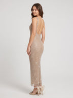 Gold Rhinestone Mesh Sheath Square Neck Backless Floor-Length Dress - Curvevia