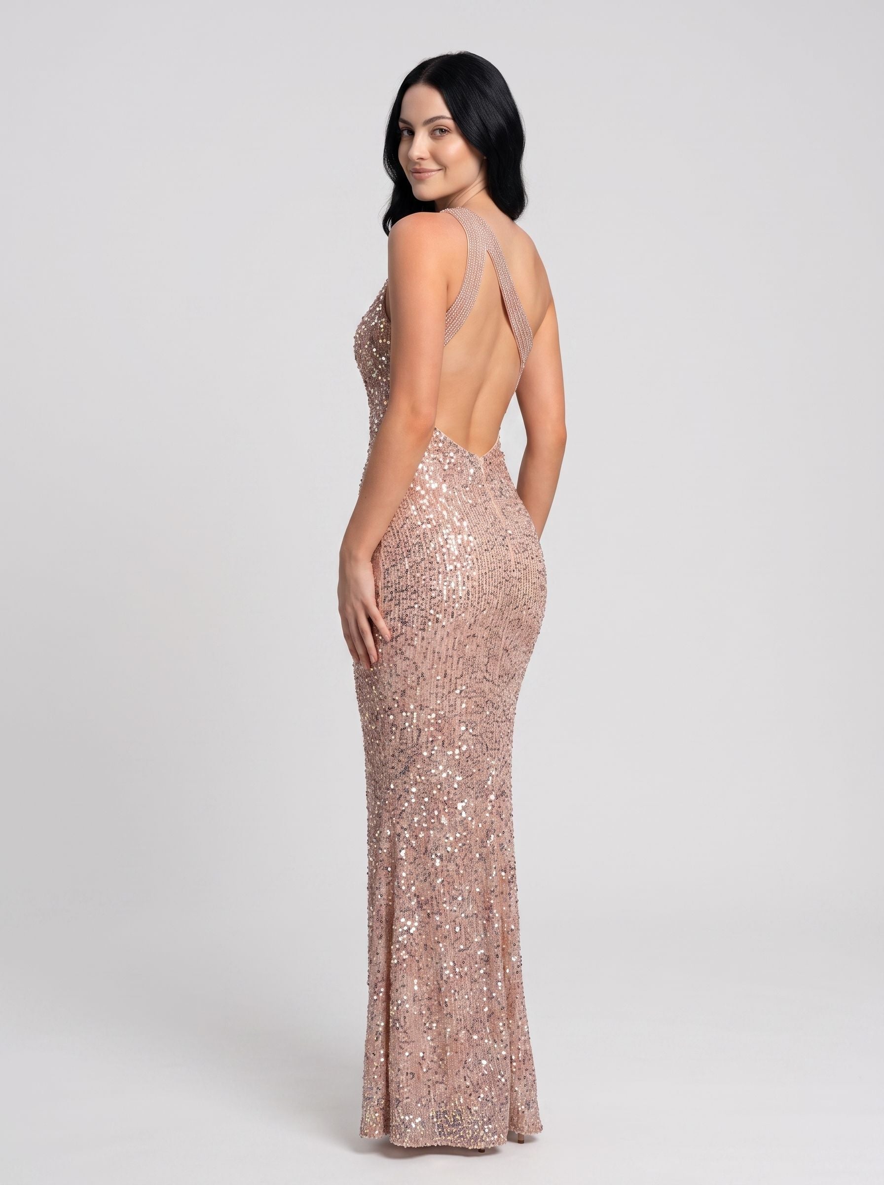 Pink Sequin Mermaid One Shoulder Backless Floor-Length Dress with High Slit - Curvevia