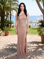 Pink Sequin Mermaid One Shoulder Backless Floor-Length Dress with High Slit - Curvevia