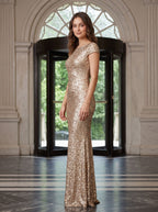 Gold Sequins Column Scoop Neck Backless Floor-Length Dress with High Slit - Curvevia