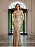 Gold Sequins Column Scoop Neck Backless Floor-Length Dress with High Slit - Curvevia