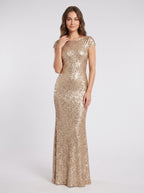 Gold Sequins Column Scoop Neck Backless Floor-Length Dress with High Slit - Curvevia