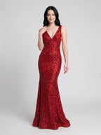 Red Sequins column V-Neck Back Zip Floor-Length Dress with High Slit - Curvevia