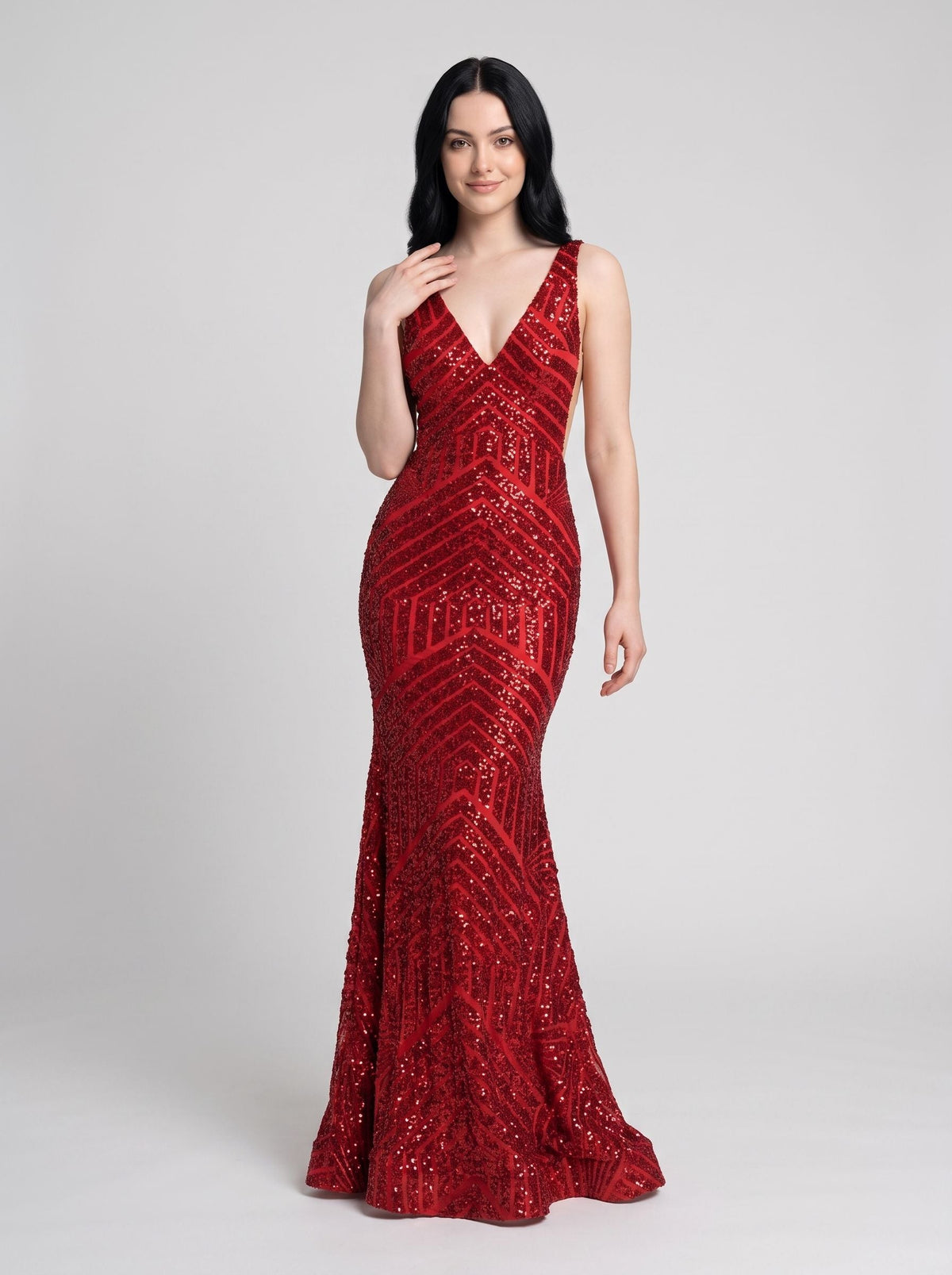 Red Sequins column V-Neck Back Zip Floor-Length Dress with High Slit - Curvevia