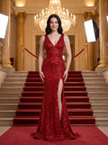 Red Sequins column V-Neck Back Zip Floor-Length Dress with High Slit - Curvevia