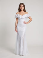 White Sequin Mermaid V-Neck Back Zip Floor-Length Dress with Tassel Fringe - Curvevia