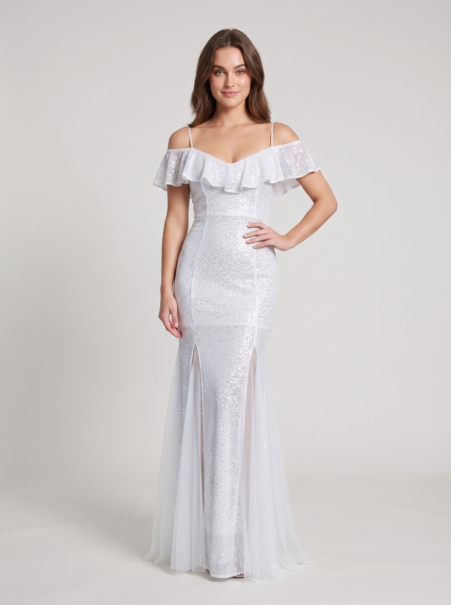 White Sequin Mermaid V-Neck Back Zip Floor-Length Dress with Tassel Fringe - Curvevia