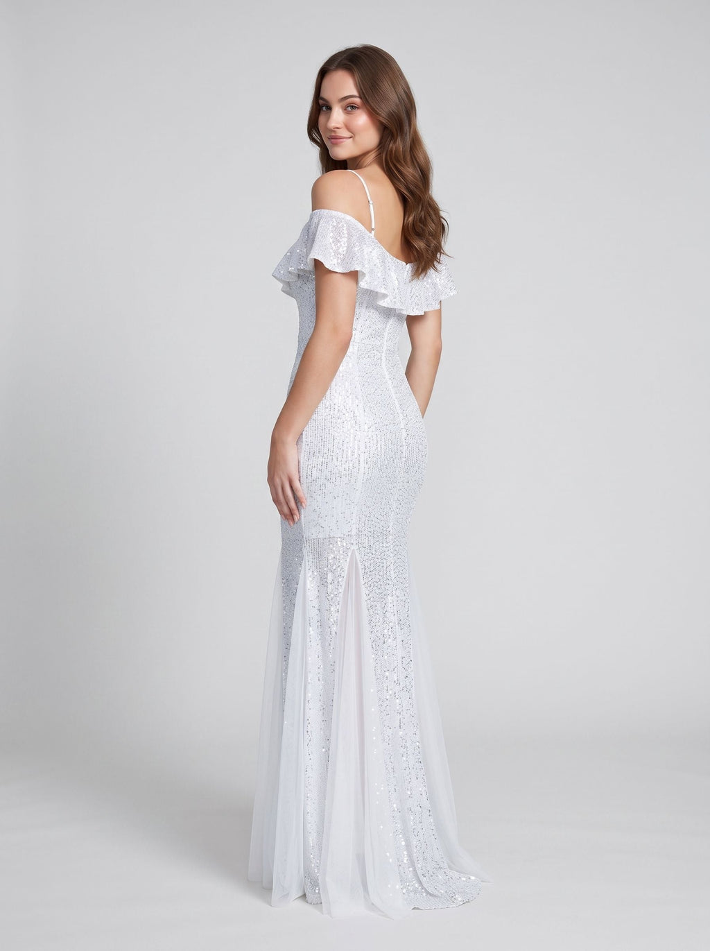 White Sequin Mermaid V-Neck Back Zip Floor-Length Dress with Tassel Fringe - Curvevia