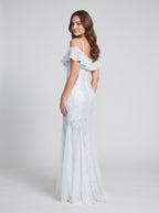 White Sequin Mermaid V-Neck Back Zip Floor-Length Dress with Tassel Fringe - Curvevia