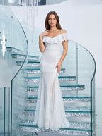 White Sequin Mermaid V-Neck Back Zip Floor-Length Dress with Tassel Fringe - Curvevia