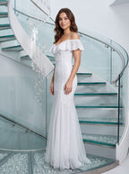 White Sequin Mermaid V-Neck Back Zip Floor-Length Dress with Tassel Fringe - Curvevia