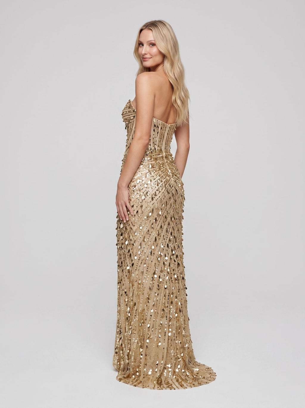 Gold Sequins Mermaid Sweetheart Back Zip Floor-Length Dress with Front Split - Curvevia