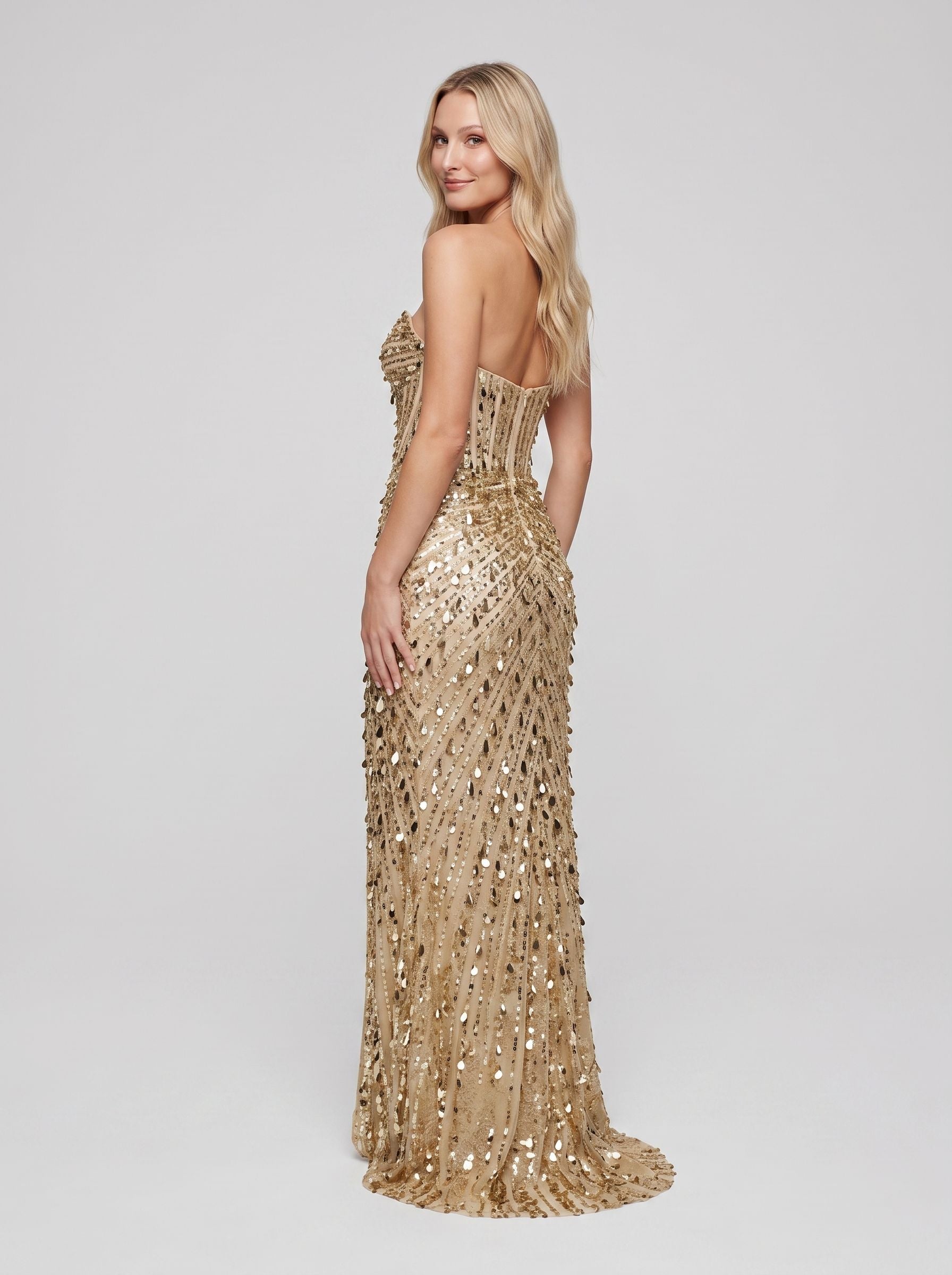 Gold Sequins Mermaid Sweetheart Back Zip Floor-Length Dress with Front Split - Curvevia