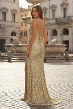 Sparkly Golden Sheath Sequins Long Evening Dress with Slit - Curvevia