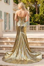 Mermaid Sweetheart Strapless Metallic Empire Evening Dress With Side Slit - Curvevia