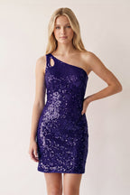 Orange Sparkly Bodycon One Shoulder Sequins Mini Party Dresses with Keyhole - Curvevia