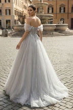 Gray A-Line Off the Shoulder Tulle Prom Dress, Lovely Corset Floor Length Party Dress - Curvevia