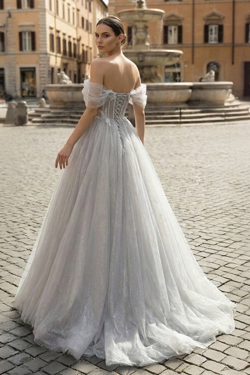 Gray A-Line Off the Shoulder Tulle Prom Dress, Lovely Corset Floor Length Party Dress - Curvevia