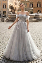 Gray A-Line Off the Shoulder Tulle Prom Dress, Lovely Corset Floor Length Party Dress - Curvevia