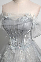 Gray A-Line Off the Shoulder Tulle Prom Dress, Lovely Corset Floor Length Party Dress - Curvevia