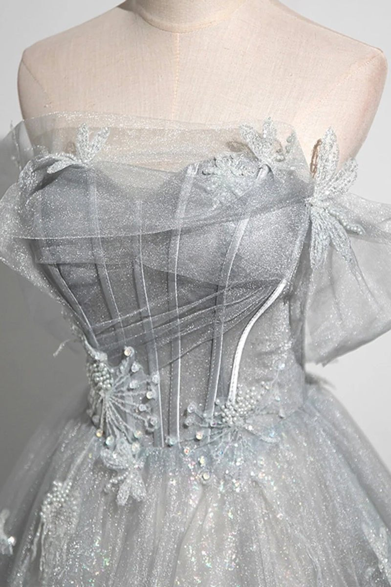 Gray A-Line Off the Shoulder Tulle Prom Dress, Lovely Corset Floor Length Party Dress - Curvevia