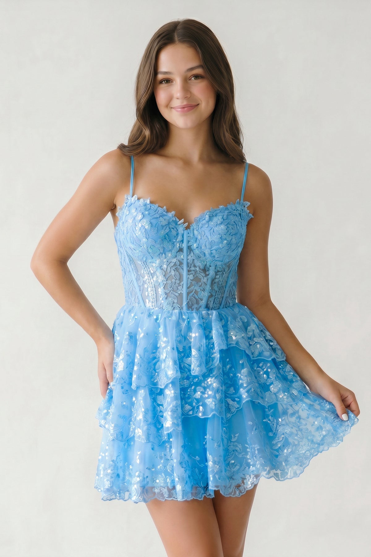 A- Line Sky Blue Sequins Multi-Layers Short Homecoming Dress - Curvevia