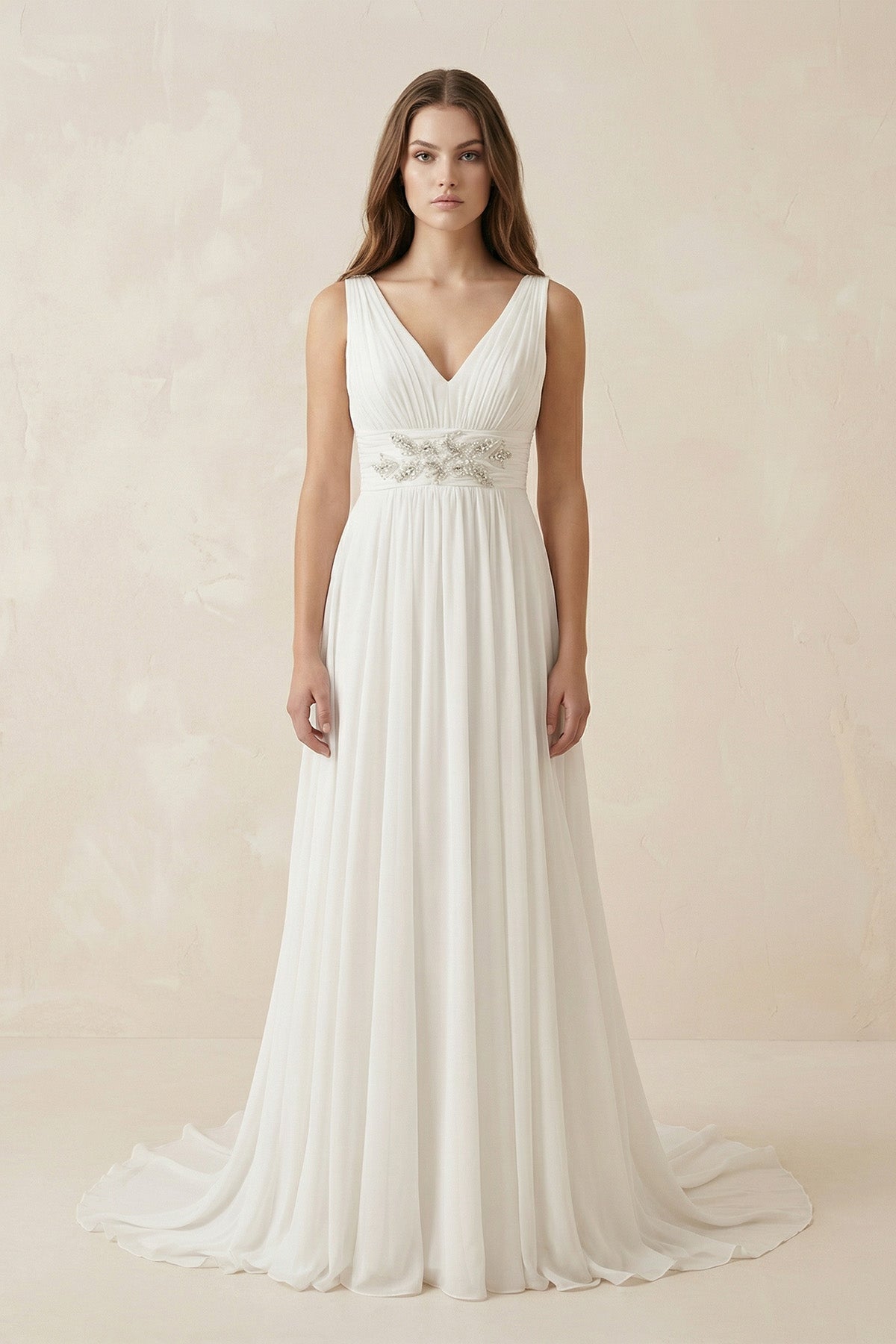 Greek Empire Strapped V-Neck Empire Chiffon Weddig Dress - Curvevia