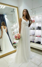 Greek Empire Strapped V-Neck Empire Chiffon Weddig Dress - Curvevia