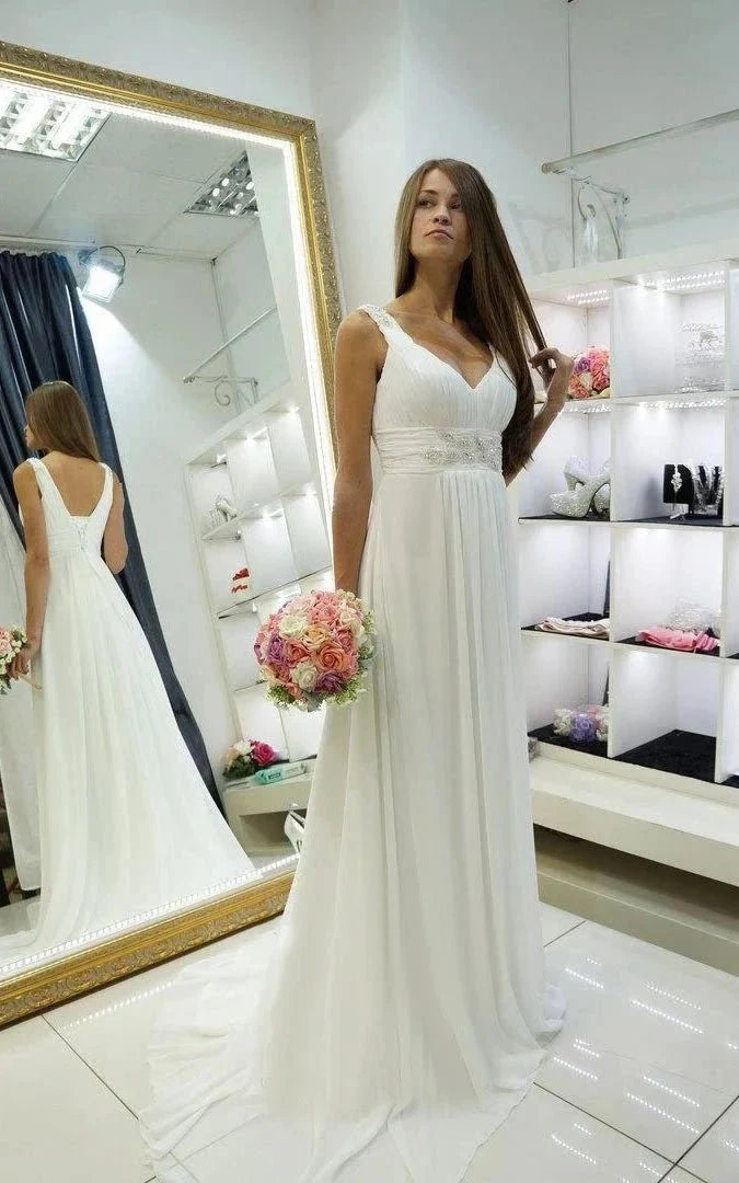 Greek Empire Strapped V-Neck Empire Chiffon Weddig Dress - Curvevia